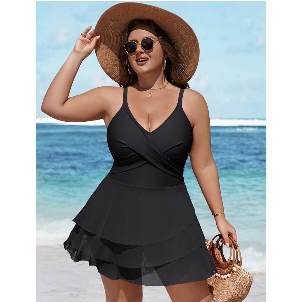 Charmo Women Plus Size Swim Dress Swimsuit Mesh Ruffle Black 4X